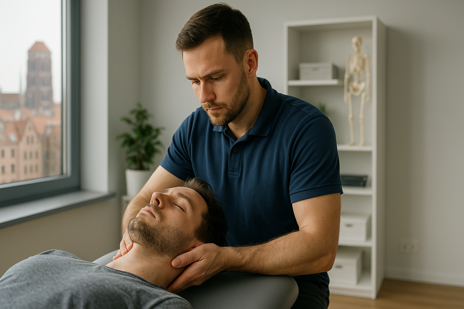Fizjoterapeuta w Gdańsku wykonuje terapię manualną szyi pacjenta