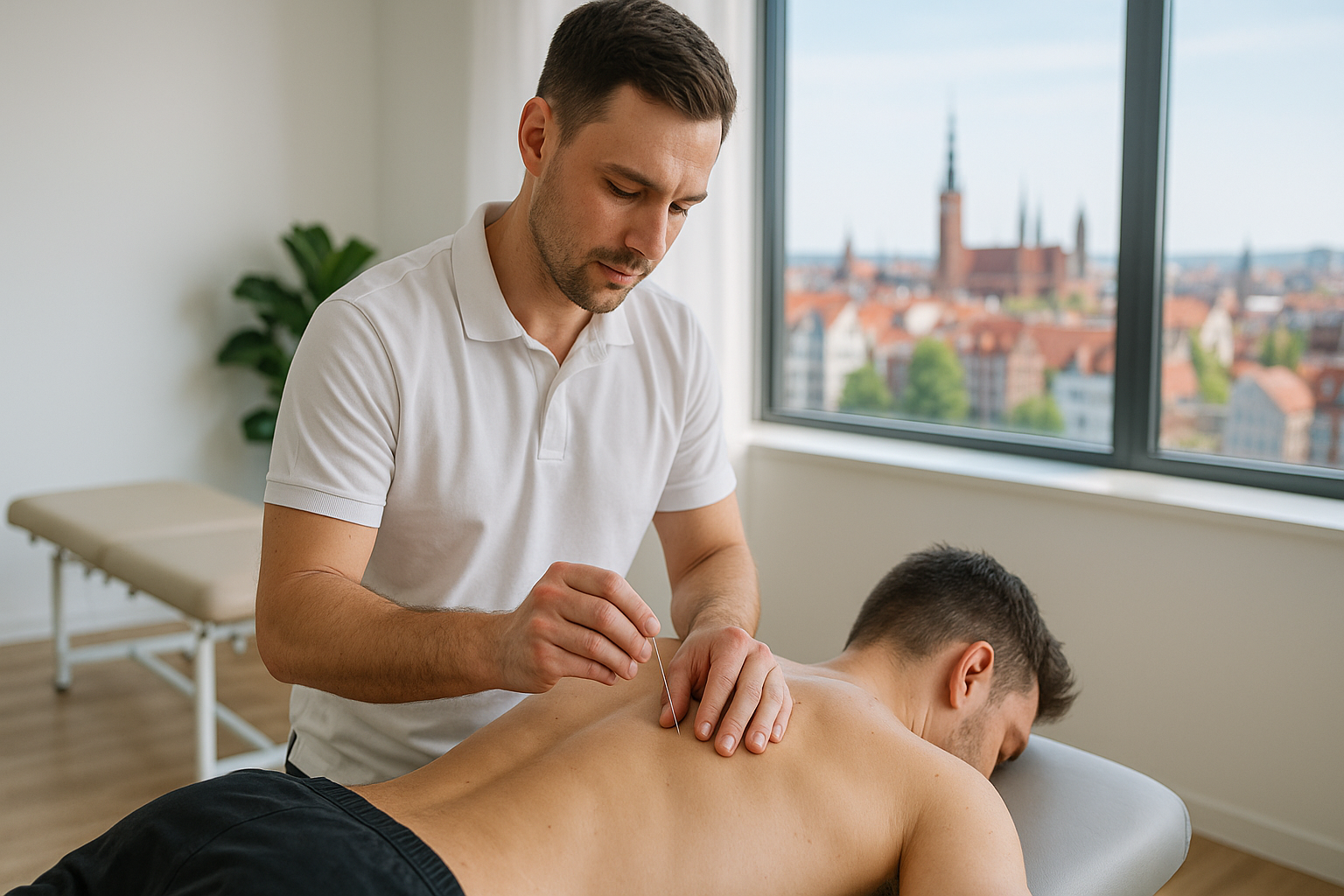 Fizjoterapeuta wykonujący suche igłowanie na mięśniach pleców pacjenta w gabinecie w Gdańsku