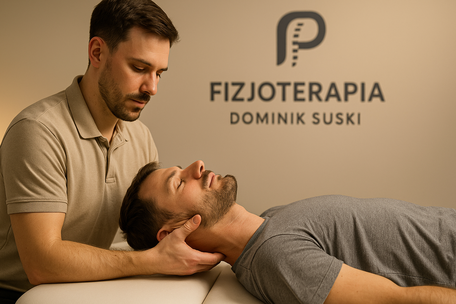 Fizjoterapeuta rozluźniający mięśnie karku pacjenta w gabinecie w Gdańsku